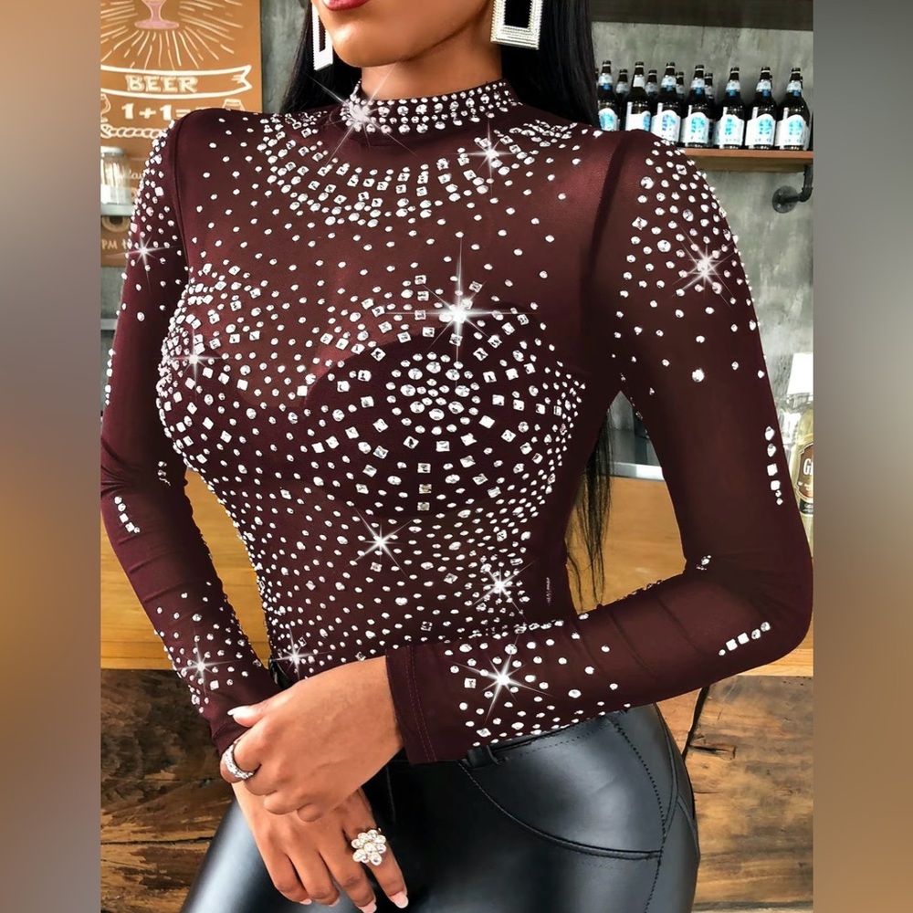 Women’s Rhinestone Decor Contrast Mesh Sheer Bodysuit